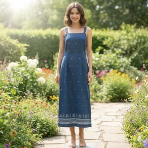 Vintage 90s FACETS Denim Maxi Dress Embroidered Cottagecore Square Neck Sz 14